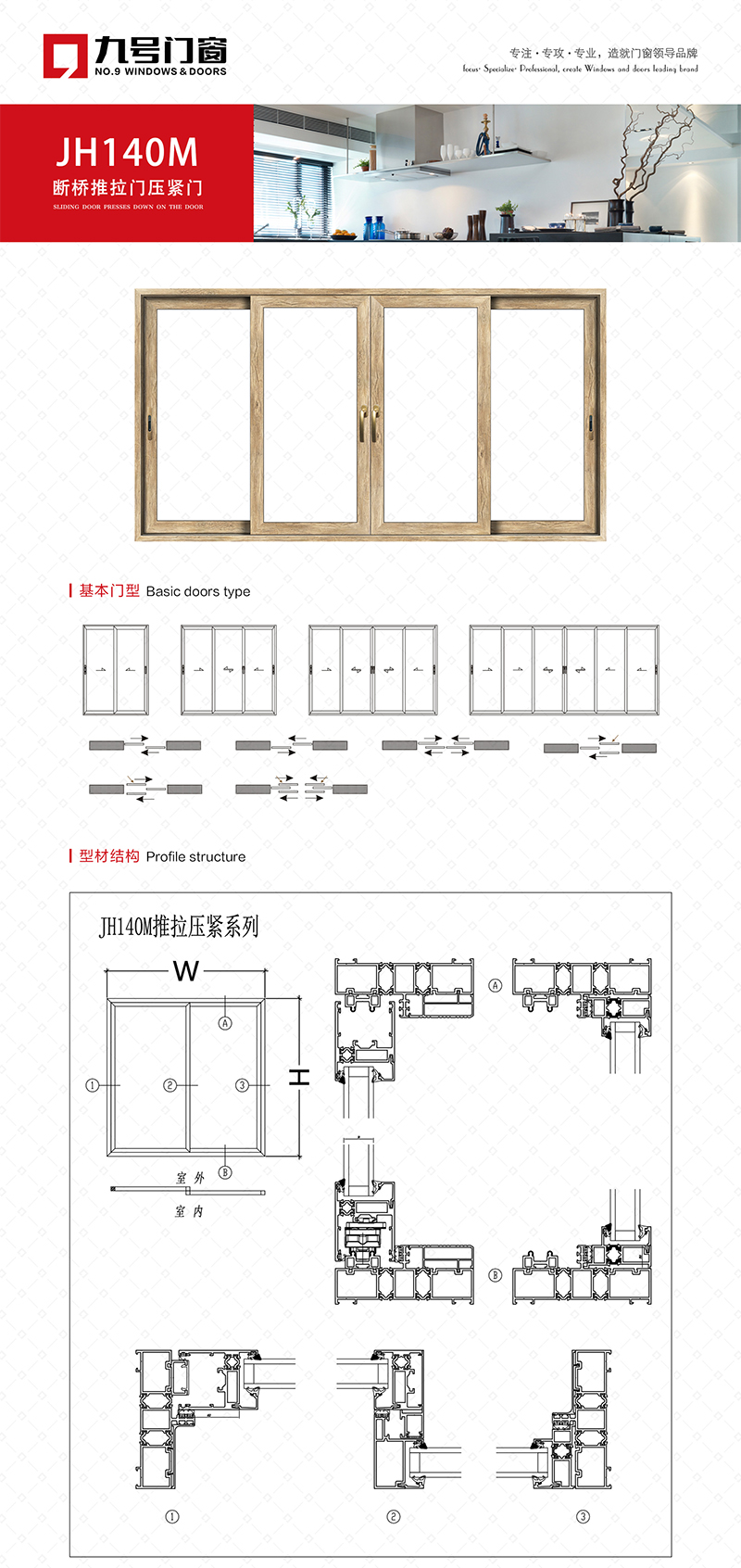 JH140M断桥推拉压紧门，高端铝合金加盟